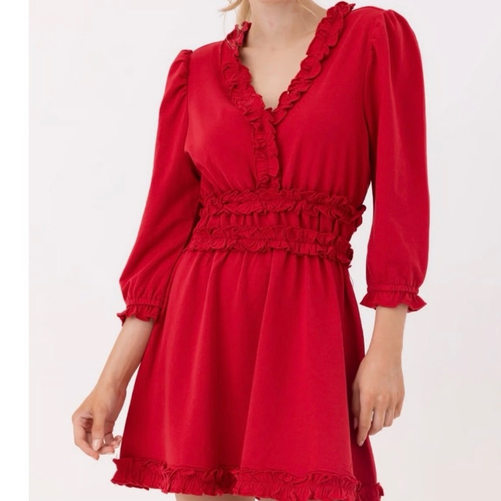 Anthropologie Sundays Red Ruffle Trim Long Sleeve Mini Dress Cottagecore Peasant